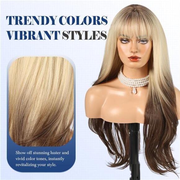 Long Blonde Mixed Chocolate Brown Wig with Bangs Layered Curly Wigs - Picture 4 of 6